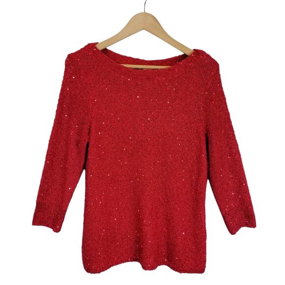 Chico's Women's Boatneck Red Sequin Shimmer 3/4 Sleeve Sweater Size Medium - Picture 1 of 7